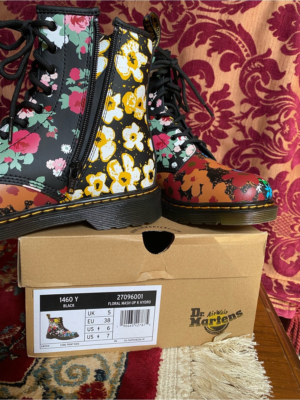 NIB Dr. Martens 1460 Floral MashUp Lace-Up Boots w/Side Zip-Black Multi US Wmn 7 - Picture 15 of 16